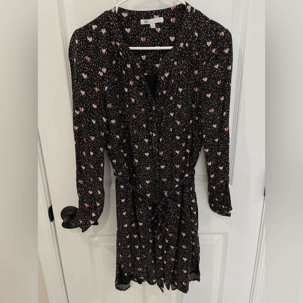 DR2 Black Red Abstract Heart Long Sleeve Fully Lined Shirt Dress Women’s Size S